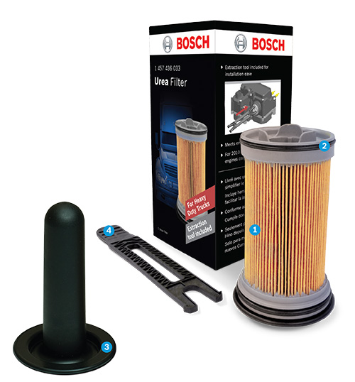 Features of Bosch urea diesel filter with O rings equalizing element and extraction tool